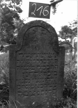 Grabstein 216 (Index: 100103300) Material: Sandstein Zustand: leicht verwittert Maße HxBxT: 100x58x10 cm Beschreibung: Stele, eingezogener Rundbogenabschluss, Schriftfeld eingetieft mit Konvexbogenabschluss: Grabstein 216