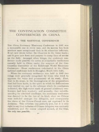 The continuation committee conferences in China. I. The national conference