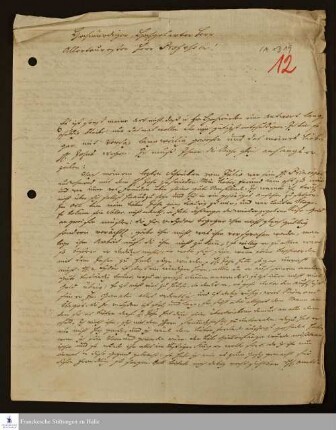 Brief von Johann Friedrich Sorge an Gottlieb Anastasius Freylinghausen.