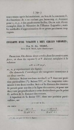 Enveloppe d´une tangente a deux cercles variables.