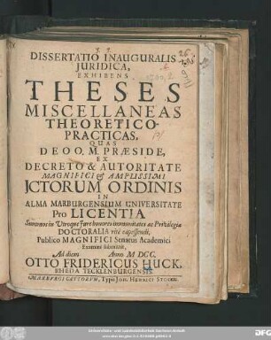 Dissertatio Inauguralis Iuridica, Exhibens Theses Miscellaneas Theoretico-Practicas