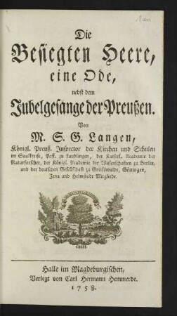 Die Besiegten Heere : eine Ode ; nebst dem Jubelgesange der Preußen