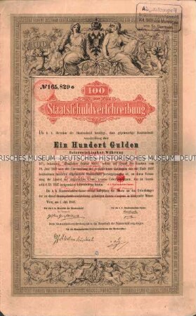 5% Staatsschuldverschreibung Österreich-Ungarn über 100 Gulden mit Kuponbogen