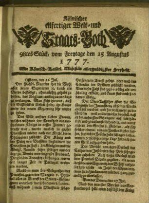 Kölnischer eilfertiger Welt- und Staats-Both. 1777-1777