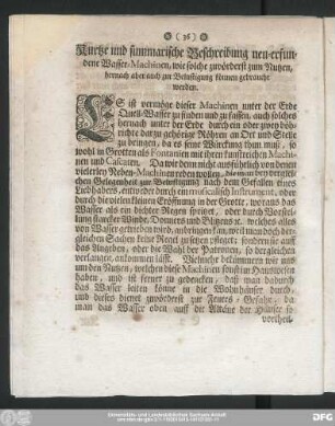 Kurtze und summarische Beschreibung neu-erfundene Wasser-Machinen ...