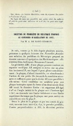 Solution du problème de mécanique proposé au concours d'agrégation de 1893.