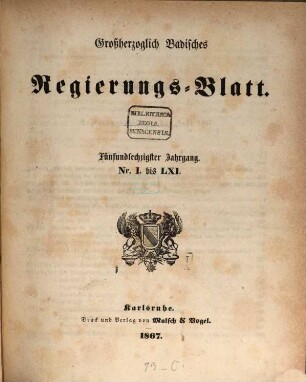 Großherzoglich Badisches Regierungsblatt. 1867 = Jg. 65