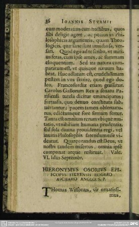Hieronymus Osorius Episcopus Sylvensis Rogero Aschamo Anglo. S. P.