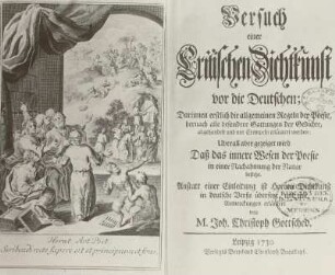 Gottsched, Versuch einer Critischen Dichtkunst vor die Deutschen. Frontispiz und Titelblatt : Gottsched, Johann Christoph: Versuch einer Critischen Dichtkunst vor die Deutschen. Titelblatt und Frontispiz (De arte poetica von Horaz) mit Poeten vor dem Parnass. Kupferstich von Johann Martin Bernigeroth nach Anna Maria Werner