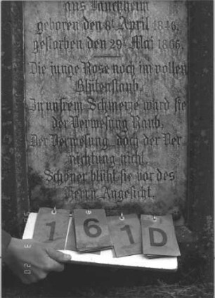 Grabstein 161 (Index: 100009026) Maße HxBxT: 140x41x30 cm Besonderheit: kulturhistorisch wertvoll / künstl.-formale Gründe (Inschrift): Grabstein 161D