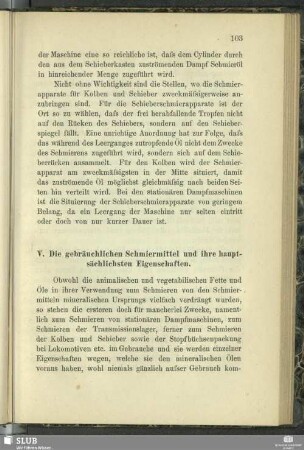V. Die gebräuchlichen Schmiermittel und ihre hauptsächlichsten Eigenschaften