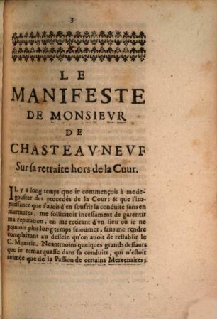 Le Manifeste De Monsievr De Chasteav-Nevf Touchant les raisons de sa retraite hors de la Cour