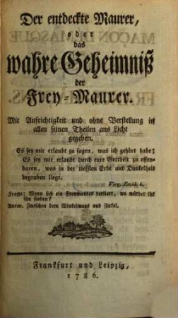Der entdeckte Maurer : = Le Maçon démasqué