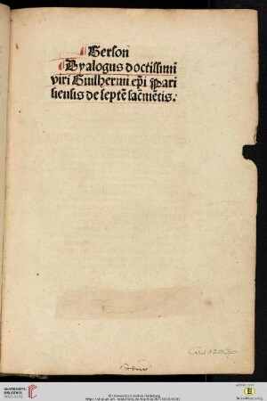 Gerson Dyalogus doctissimi viri guilhermi ep̄i Parisiensis de septē sac̄mētis