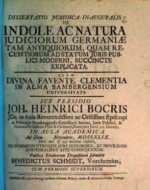 Diss. iur. inaug. de indole ac natura iudiciorum Germaniae tam antiquorum quam recentiorum ad statum iuris publice moderni succincte explicata