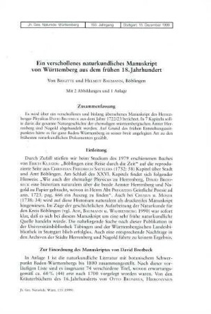 Ein verschollenes naturkundliches Manuskript von Württemberg aus dem frühen 18. Jahrhundert