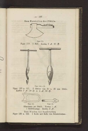 Figur 119. 1 Beil. Figur 120 u. 121. 2 Bohrer ... Figur 122 und 123. 1 Kette mit Rolle von Schmiedeeisen.