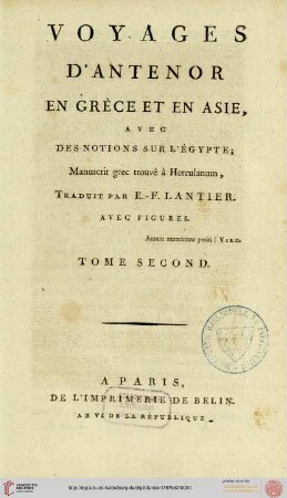 Band 2: Voyages d'Antenor en Grèce et en Asie, aves des notions sur l'Égypte: manuscrit grec trouvé a Herculanum