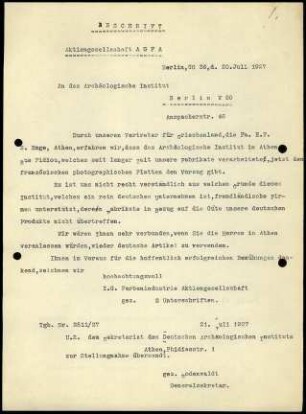 AGFA Gesellschaft an DAI Athen (via DAI Zentrale)