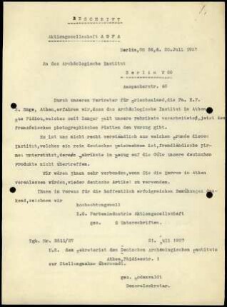 AGFA Gesellschaft an DAI Athen (via DAI Zentrale)