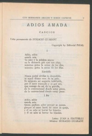 Adiós amada : Canción. - Editorial Pigal. - Éxito permanente de Horacio Guarany