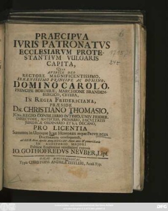 Praecipva Ivris Patronatvs Ecclesiarvm Protestantivm Vulgaris Capita