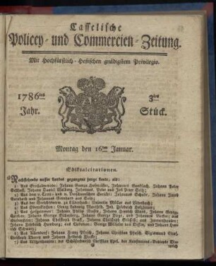 3tes Stueck, Montag den 16ten Januar. 1786