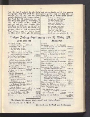 Unsere Jahresabrechnung pro 31. März 1911