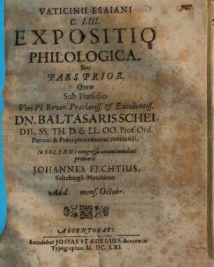 Vaticinii Esaiani C. LIII. Expositio Philologica. Seu Pars Prior