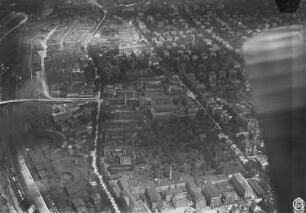 Dresden-Südvorstadt. Stadtteilansicht mit Altem Annenfriedhof zwischen Güterbahnhof, Nossener Brücke und Chemnitzer Straße gegen Wilsdruffer und Seevorstadt. Luftbild-Schrägaufnahme von Südwesten