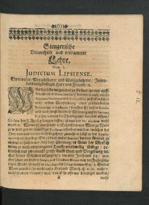 Stengerische Verurtheilt und verdammte Lehre. Num. I. Judicium Lipsiense.