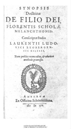 Synopsis Doctrinae De Filio Dei, Florentis Scholae Melanchthonis : Bono publico recens edita, & uberiori methodo praemissa / Conscriptae studio Laurentii Ludovici Leobergensis Silesii