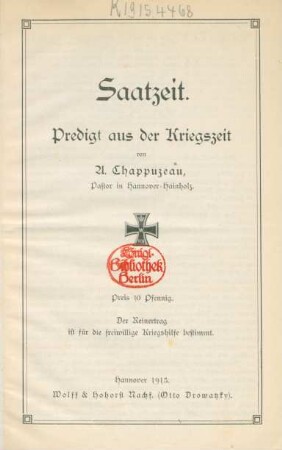 Saatzeit : Predigt aus der Kriegszeit