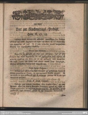 Text zur Nachmittags-Predigt. Hebr. II, 17. 18.
