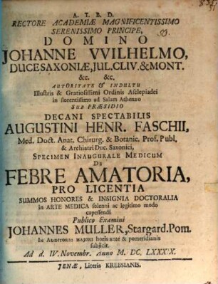 Specimen inaug. med. de febre amatoria