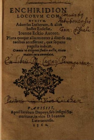 Enchiridion Locorvm Commvnivm : Aduersus Lutherum, & alios hostes Ecclesiae