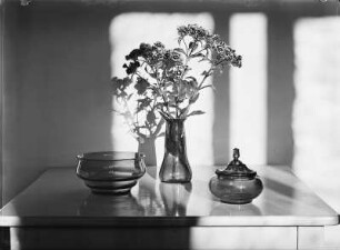 "Blumen um uns" (Photographische Plaudereien in Wort und Bild). Stilleben mit Rauchglasgefäßen und Kartäusernelken-Strauß