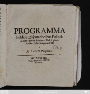 Programma Publicis Disputationibus Politicis inclytae nostrae Facultatis Philosophicae indultu habendis praemissum