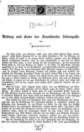 Anfang und Ende der Frankfurter Judengasse / Von Germanicus [d. i. Emil Richter]