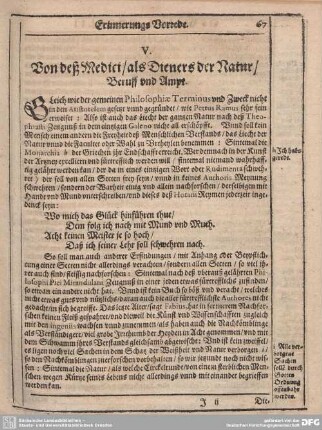 V. Von deß Medici/als Dieners der Natur/Beruff und Ampt.