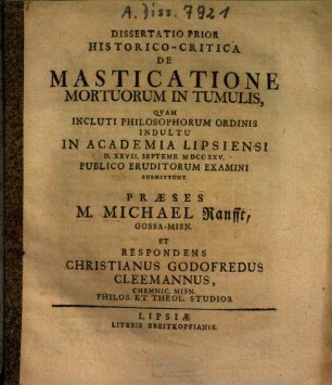 Dissertatio Prior Historico-Critica De Masticatione Mortuorum In Tumulis