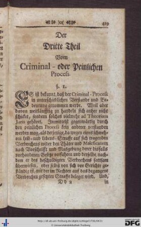 Der Dritte Theil. Vom Criminal- oder Peinlichen Process.