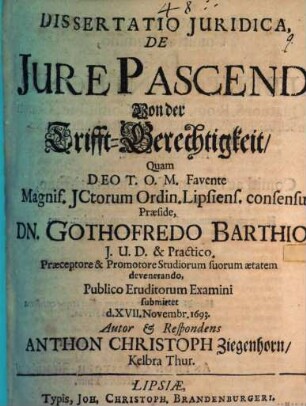Diss. iur. de iure pascendi : = Von der Trifft-Gerechtigkeit