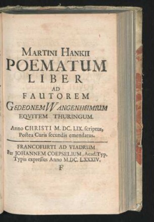Poematum Liber Ad Fautorem Gedeonem Wangenheimium