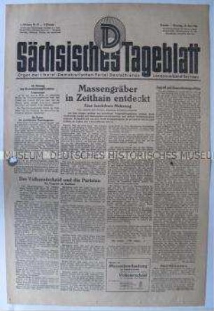 Tageszeitung der LDPD Sachsen "Sächsisches Tageblatt" zur Entdeckung von Massengräbern von Kriegsgefangenen bei Zeithain
