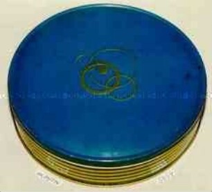 Blechdose für Gebäck (auf Boden: H. BAHLSENS KEKSFABRIK K.G. HANNOVER - Abbildung goldfarbener Kreise, ineinander verschlungen, auf dunkelblauem Fond)