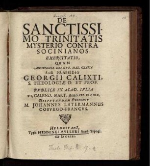 De Sanctissimo Trinitatis Mysterio Contra Socinianos Exercitatio
