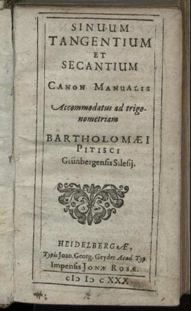 Sinuum Tangentium Et Secantium Canon Manualis