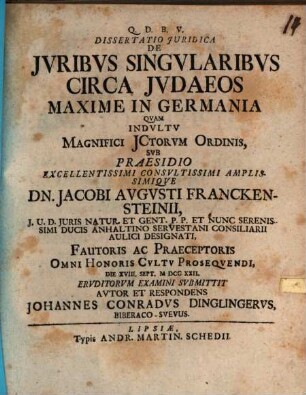 Diss. jur. de iuribus singularibus circa Judaeos, maxime in Germania