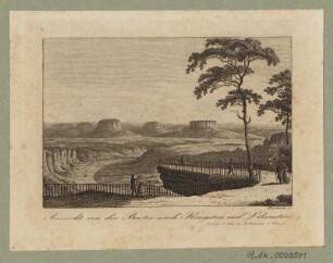 Ansicht von der Bastei in der Sächsischen Schweiz, Radierung, 1840 : Aussicht von der Bastei nach Königstein und Lielienstein / Peschek sc. - Dresden : Otto u. Lehmann, [ca. 1840]. - 1 Kunstblatt : Radierung ; 10,3 x 7,0 cm